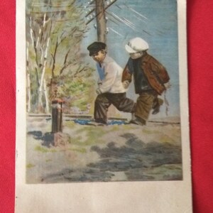 carte vintage, carte postale soviétique, « Pays lointains », par A. Gaidar, Enfants, garçons, carte de collection, cartes postales de l’URSS, 1955, années 50