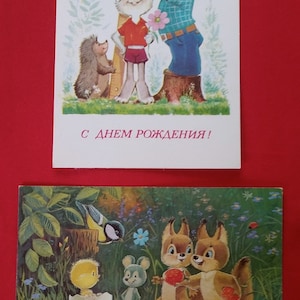 Cartões postais vintage soviéticos, conjunto de 2, Zarubin, cartões postais de parabéns, animais, não assinados, cartões colecionáveis, arte da URSS, 1981, 1992, anos 80