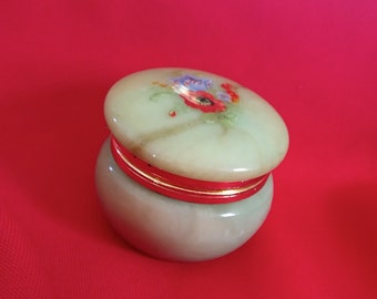 Vintage Alabaster Trinket Box: Hand-Carved Italian Floral Jewelry Box