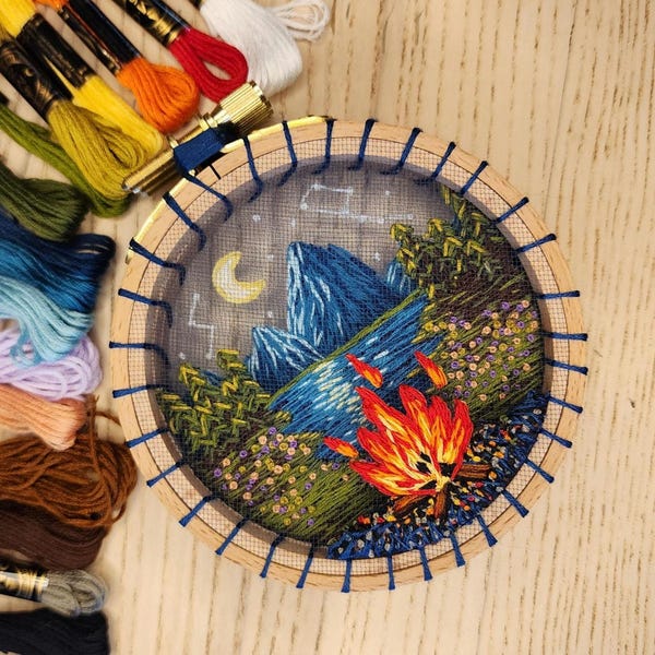 3D Mountain Campfire Embroidery Pattern