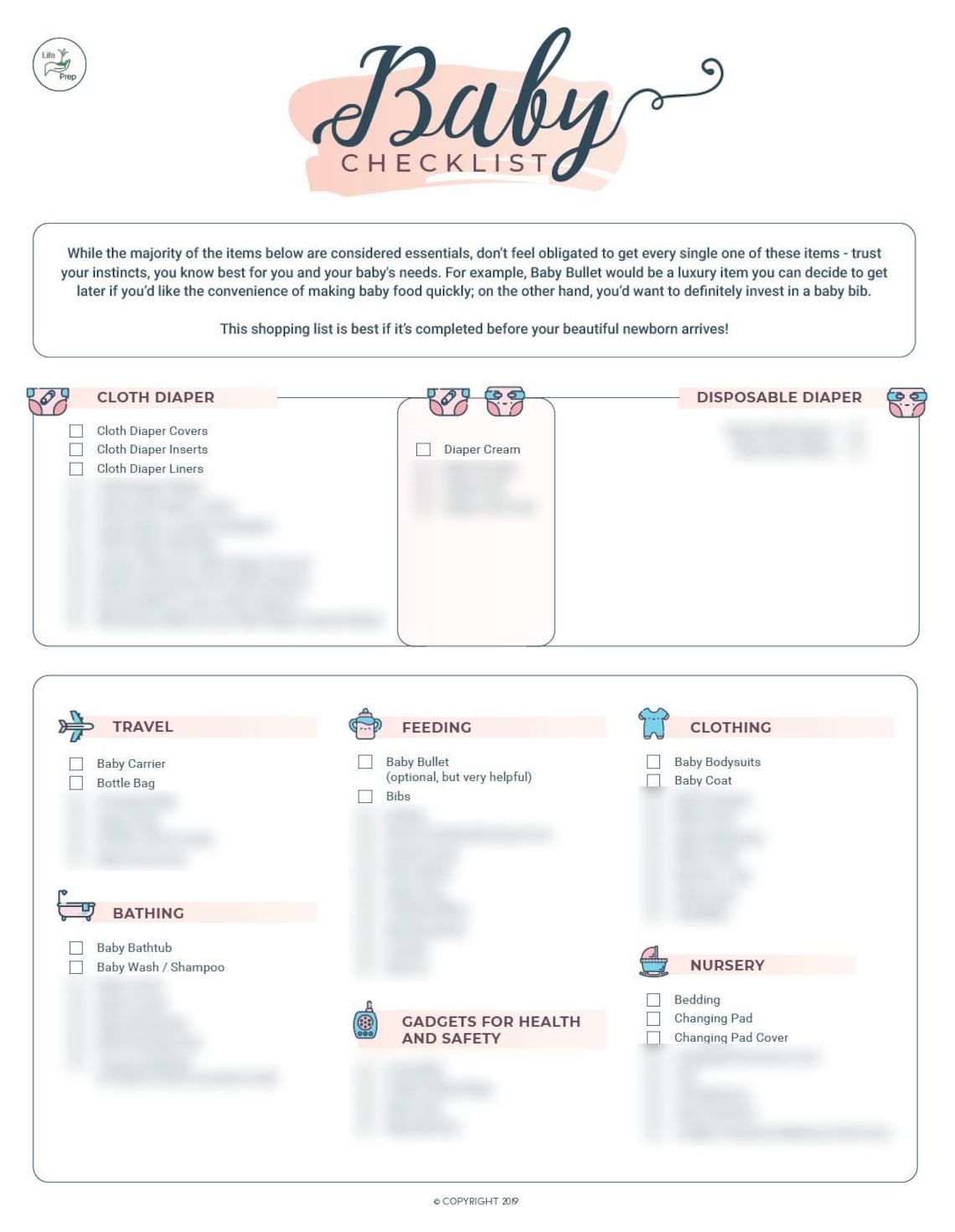 Newborn Baby Shopping List Printable, Templated PDF EDITABLE .doc, 2in