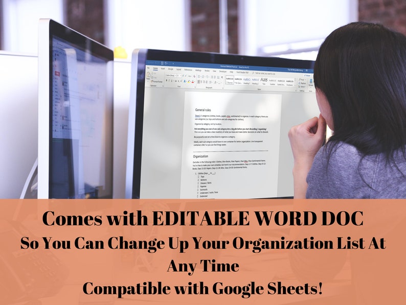 May include: A computer screen displaying a Microsoft Word document with the text "General rules" and "Organization" visible. The text "Comes with EDITABLE WORD DOC So You Can Change Up Your Organization List At Any Time Compatible with Google Sheets!" is displayed on a peach-colored background.