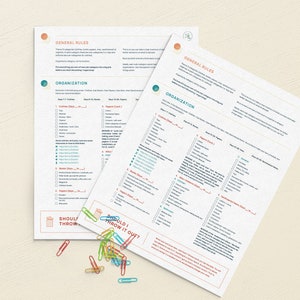 May include: Two white sheets of paper with checklists titled "General Rules" and "Organization". The checklists are for deciding whether to throw away items or keep them. The checklists include categories such as "Clothes", "Books", "Papers", "Kitchen Items", and "Electronics".