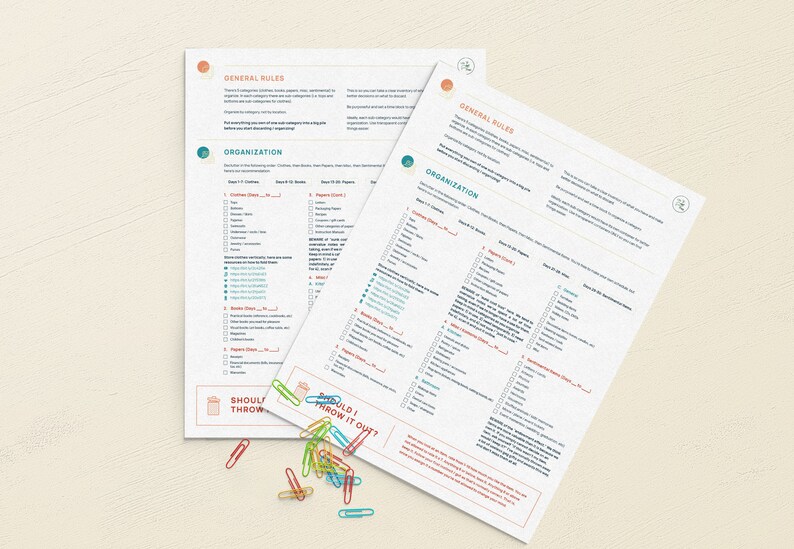 May include: Two white sheets of paper with checklists titled "General Rules" and "Organization". The checklists are for deciding whether to throw away items or keep them. The checklists include categories such as "Clothes", "Books", "Papers", "Kitchen Items", and "Electronics".