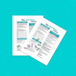 May include: Two checklists for preparing for the ACT exam. The checklists are titled "The ACT Prep Checklist" and include steps for strategizing, buying books, and studying.