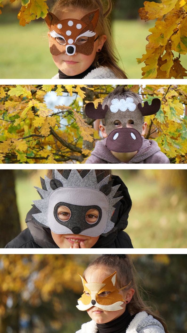 Felt WOODLAND animal masks for pretend play: bear, deer, fox, hedgehog, owl, rabbit, racoon, ladybug, moose, squirrel, wolf image 5