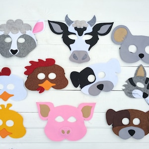 Felt FARM animal masks: cat, cow, chicken, hen, dog, mouse, pig, rooster, sheep, tree and leaf masks