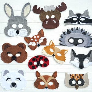 Felt WOODLAND animal masks for pretend play: bear, deer, fox, hedgehog, owl, rabbit, racoon, ladybug, moose, squirrel, wolf