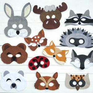 Felt WOODLAND animal masks for pretend play: bear, deer, fox, hedgehog, owl, rabbit, racoon, ladybug, moose, squirrel, wolf image 1