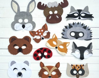 Felt WOODLAND animal masks for pretend play: bear, deer, fox, hedgehog, owl, rabbit, racoon, ladybug, moose, squirrel, wolf