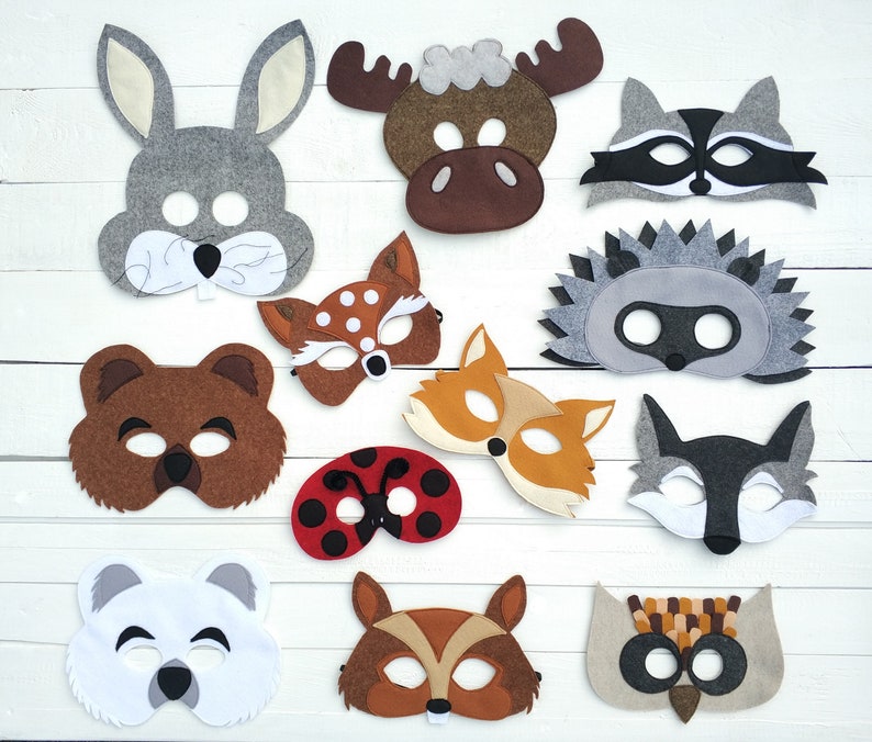 Felt WOODLAND animal masks for pretend play: bear, deer, fox, hedgehog, owl, rabbit, racoon, ladybug, moose, squirrel, wolf image 1