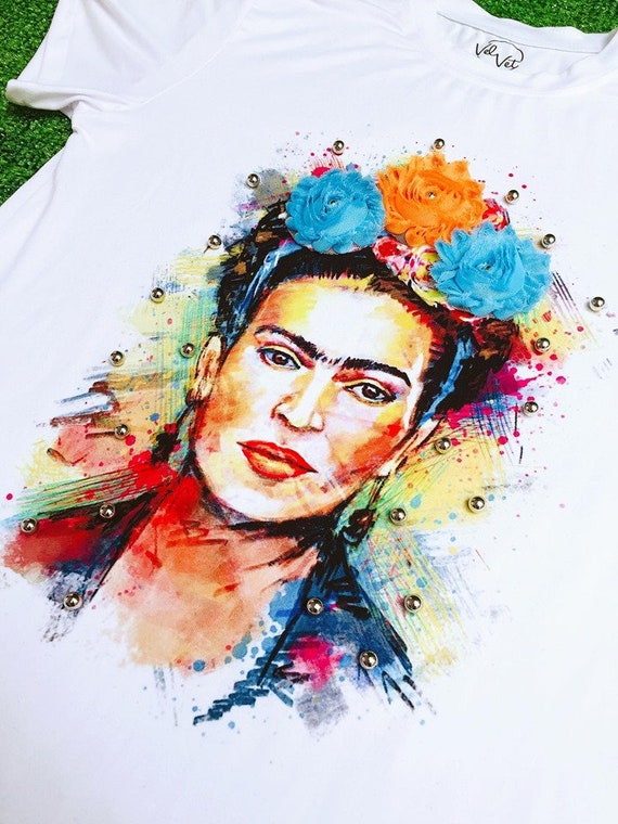Frida fashion collection, women t shirt with handmade application flower and fantasy pearl