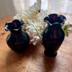 Black Amethyst Glass Vases with Ruffled Edge Set of 2