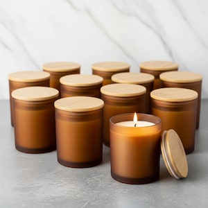 12 Frosted Amber Jar Soy Candles (8 oz) with Bamboo Lids and Optional Rose Petals, Bulk Set for Events or Resale, Add your Logo!