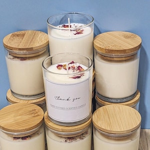 20 Scented Candles With Bamboo Lids Clear Jar Soy Candles Bulk Candles With Flowers Wholesale Candles Wedding Favors Birthday Candles