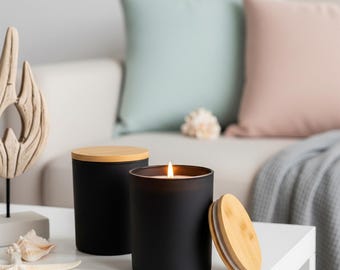 Bulk Scented Candles 12 Pack: 8 oz Black Jars with Bamboo Lids - Optional Rose Petals