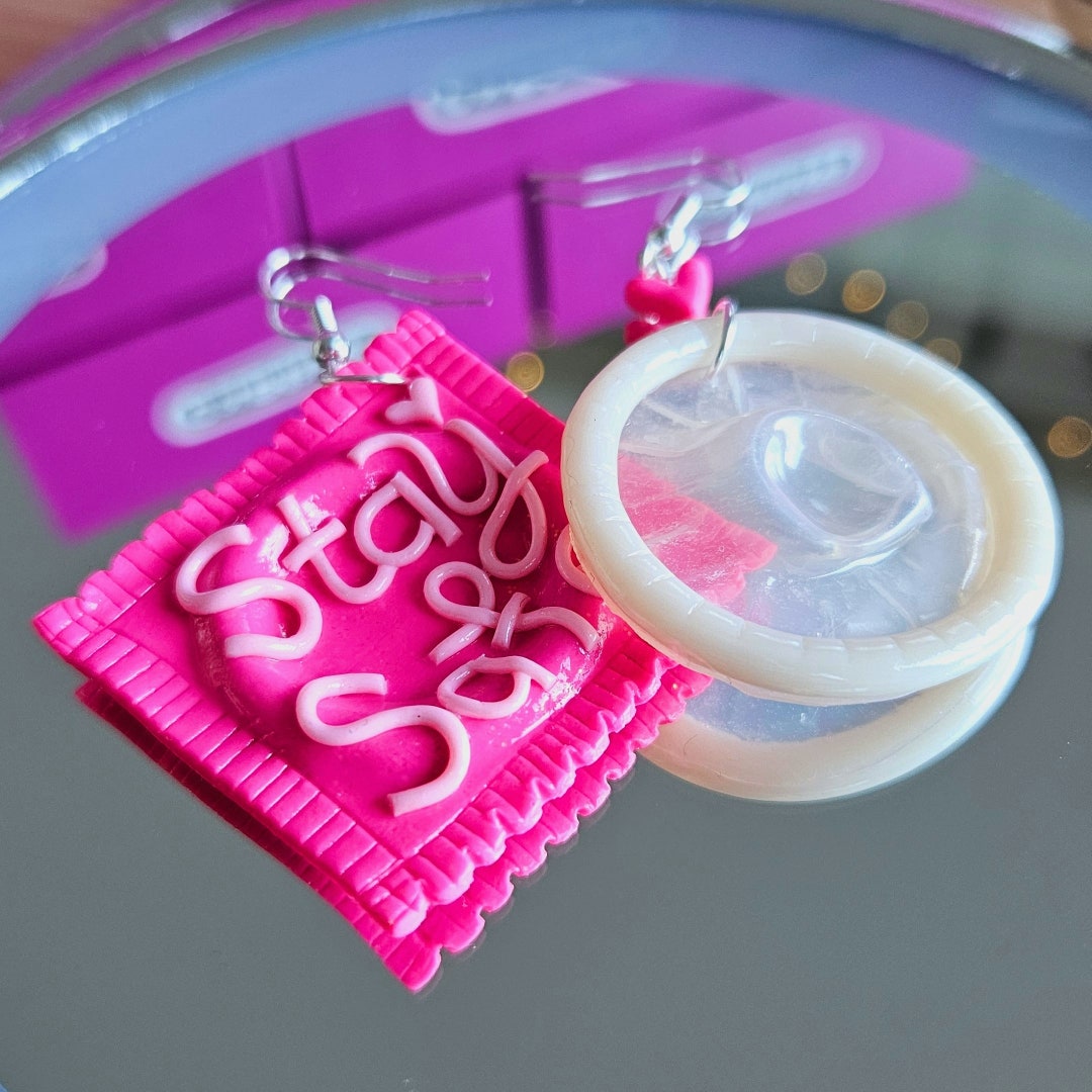 Wallet Condom Rings Condom Earrings OG Stay Safe Design Pink - Etsy
