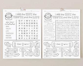 I am the Way, the Truth, and the Life, Bible Wordsearch, Who is Jesus, Bible Coloring Sheet Printable, Sunday School, Bible Quiet Pages