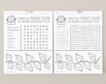 I am the Vine, Bible Wordsearch, Who is Jesus, Bible Coloring Sheet Printable, Basic and Advanced, Sunday School, Quiet Page Activity Set