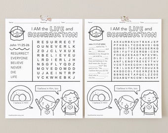 I am the Resurrection and the Life, Bible Wordsearch, Easter, Who is Jesus, Bible Coloring Sheet Printable, Sunday School, kids word search