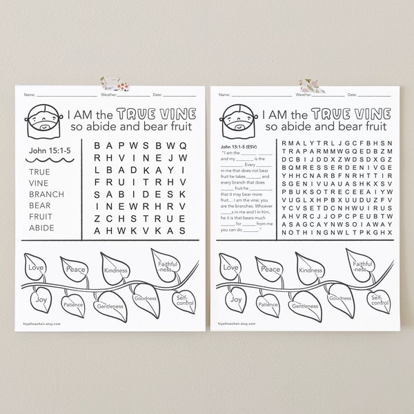 I am the Vine, Bible Wordsearch, Who is Jesus, Bible Coloring Sheet Printable, Basic and Advanced, Sunday School, Quiet Page Activity Set