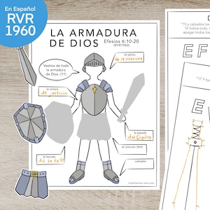 RVR1960 En Español Atividade para impressão La Armadura de Dios, jogo bíblico, escola dominical, lição bíblica em casa, versículo bíblico para colorir, 6 páginas