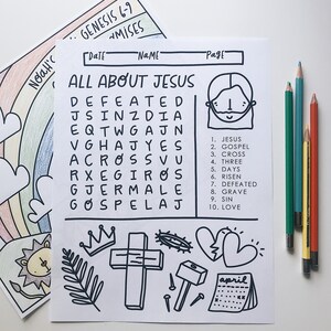Peut inclure: Une feuille de travail imprimable en noir et blanc avec un mot crois&eacute; intitul&eacute; "Tout sur J&eacute;sus". Le puzzle comprend des mots li&eacute;s &agrave; la foi chr&eacute;tienne, tels que "J&eacute;sus", "&Eacute;vangile", "Croix", "Trois", "Jours", "Ressuscit&eacute;", "Vaincu", "Tombe", "P&eacute;ch&eacute;", et "Amour". La feuille de travail comprend &eacute;galement un dessin d'une couronne, d'une croix, d'un marteau, de clous, d'une couronne d'&eacute;pines et d'un c&oelig;ur bris&eacute;.