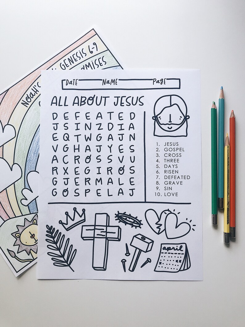 Peut inclure: Une feuille de travail imprimable en noir et blanc avec un mot crois&eacute; intitul&eacute; "Tout sur J&eacute;sus". Le puzzle comprend des mots li&eacute;s &agrave; la foi chr&eacute;tienne, tels que "J&eacute;sus", "&Eacute;vangile", "Croix", "Trois", "Jours", "Ressuscit&eacute;", "Vaincu", "Tombe", "P&eacute;ch&eacute;", et "Amour". La feuille de travail comprend &eacute;galement un dessin d'une couronne, d'une croix, d'un marteau, de clous, d'une couronne d'&eacute;pines et d'un c&oelig;ur bris&eacute;.
