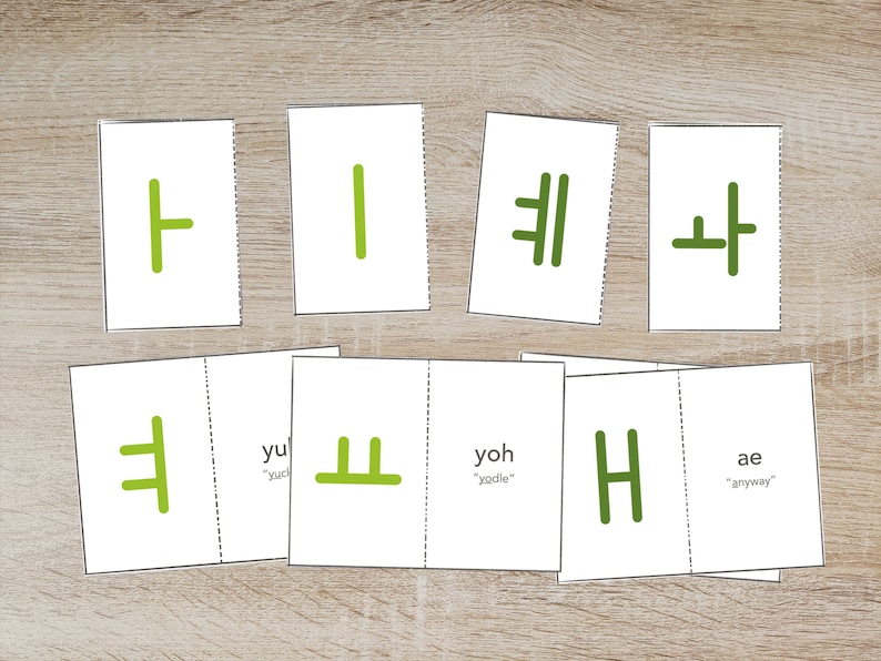 May include: Eight white cards with green Korean alphabet characters and English translations. The cards are arranged in two rows of four. The characters are: ㅣ, ㅓ, ㅏ, ㅗ, ㅜ, ㅡ, ㅣ, ㅏ. The English translations are: yu, yo, ae, oh, uh, eu, i, a.