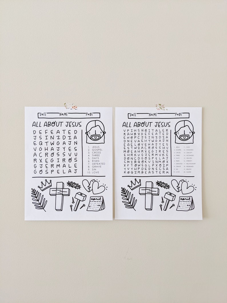 Peut inclure: Deux feuilles de travail imprimables en noir et blanc avec des mots crois&eacute;s sur J&eacute;sus. Les feuilles de travail comprennent un titre, "Tout sur J&eacute;sus", et une liste de mots &agrave; trouver. Les feuilles de travail comprennent &eacute;galement une image de J&eacute;sus avec une couronne d'&eacute;pines et une croix.