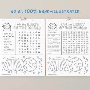 Je suis la lumière du monde, Recherche avancée de mots dans la Bible, Qui est Jésus, Coloriage de la Bible à imprimer, École du dimanche, École biblique à domicile PDF