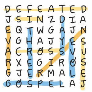 Peut inclure: Un jeu de mots fl&eacute;ch&eacute;s avec les mots "DEFEATED", "CROSS", "GOSPEL" et "JESUS" mis en &eacute;vidence en bleu et jaune. Le puzzle est sur un fond blanc.