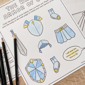 May include: A printable activity sheet titled The Whole Armor of God featuring hand-colored illustrations of a sword, shield, helmet, boots, and skirt in blue and yellow. A speech bubble contains the text I will wear the armor and stand firm (v.13)!