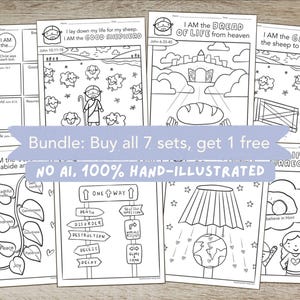 May include: A collection of black and white printable coloring pages featuring religious themes, including illustrations of a shepherd with sheep, a gate, a loaf of bread, a vine with leaves, and various signs with text, all on white paper sheets.
