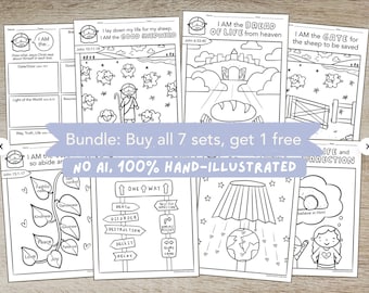 May include: A collection of black and white printable coloring pages featuring religious themes, including illustrations of a shepherd with sheep, a gate, a loaf of bread, a vine with leaves, and various signs with text, all on white paper sheets.