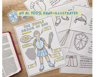 Armor of God-activiteitenpakket, druk boek, bijbelspel, kinderbijbelpuzzel, zondagsschool, homeschool bijbelles, bijbelvers kleuren