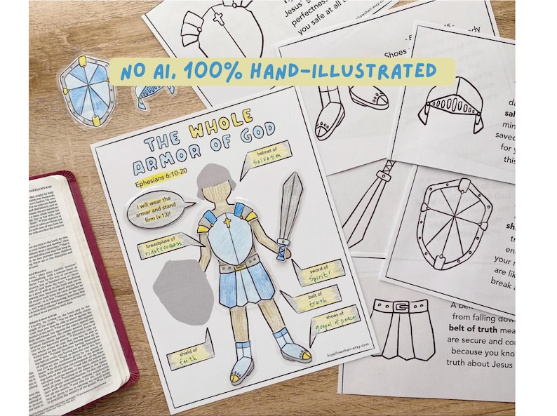 May include: A set of educational activity sheets titled The Whole Armor of God, featuring hand-illustrated drawings of a figure in armor with labels like Helmet of Salvation, Breastplate of Righteousness, and Sword of Spirit, alongside a Bible.