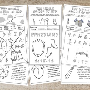 May include: A collection of black and white printable activity sheets titled The Whole Armor of God. The pages feature coloring exercises, connect the dots, and cut-out armor pieces including a shield, helmet, and breastplate with text from Ephesians.