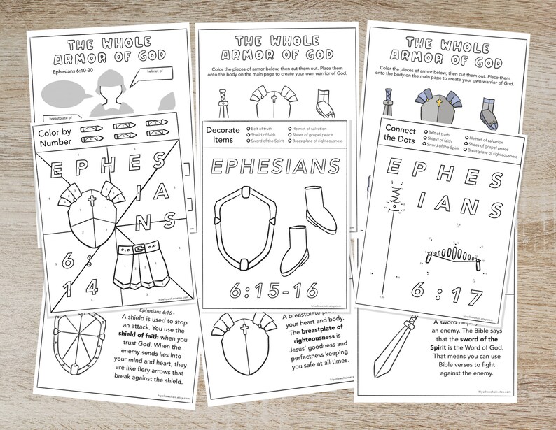 May include: A collection of black and white printable activity sheets titled The Whole Armor of God. The pages feature coloring exercises, connect the dots, and cut-out armor pieces including a shield, helmet, and breastplate with text from Ephesians.