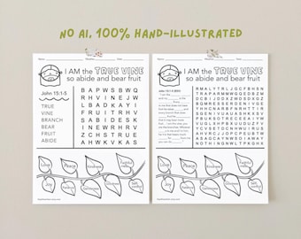 Io sono la Vite, Ricerca di parole biblica, Chi è Gesù, Foglio da colorare biblico stampabile, Livello base e avanzato, Scuola domenicale, Set di attività di pagine tranquille