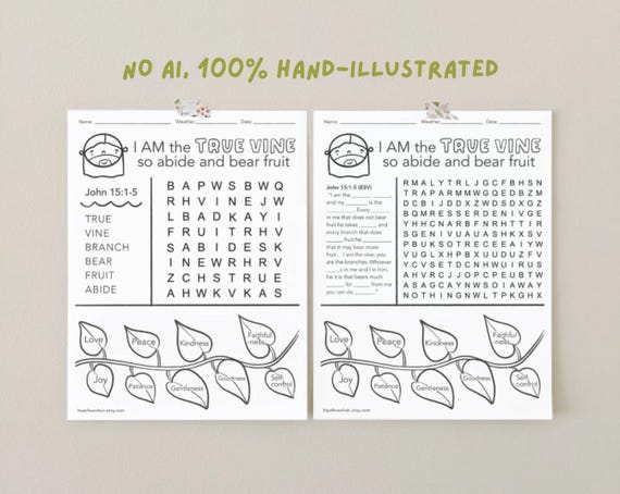 I am the Vine, Bible Wordsearch, Who is Jesus, Bible Coloring Sheet Printable, Basic and Advanced, Sunday School, Quiet Page Activity Set