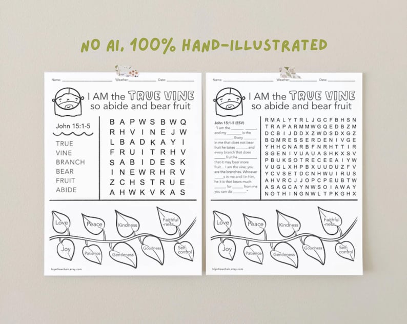 Puede incluir: Dos hojas de actividades blancas con ilustraciones de l&iacute;neas negras que incluyen el texto NO AI, 100% HAND-ILLUSTRATED en la parte superior. Cada hoja contiene una sopa de letras, una ilustraci&oacute;n de vid con hojas y el texto I AM the TRUE VINE.