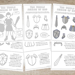 May include: A set of printable activity sheets titled The Whole Armor of God, featuring black and white line art illustrations of a warrior figure, various armor pieces like a sword, shield, helmet, and breastplate, and educational text excerpts.