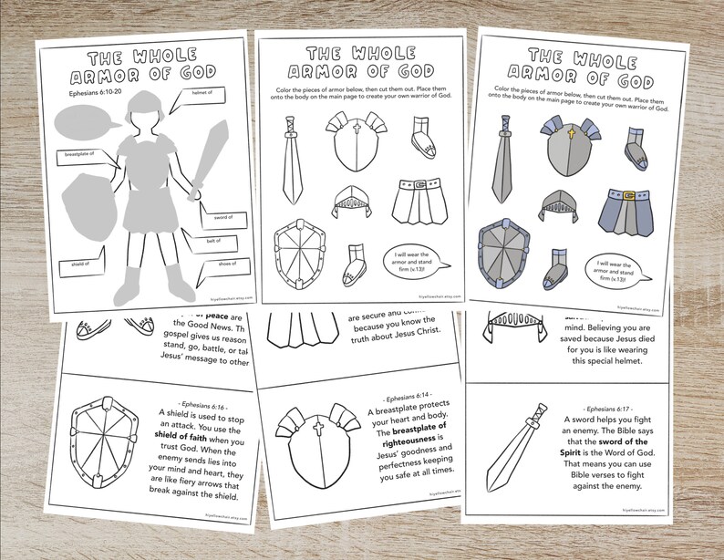May include: A set of printable activity sheets titled The Whole Armor of God, featuring black and white line art illustrations of a warrior figure, various armor pieces like a sword, shield, helmet, and breastplate, and educational text excerpts.