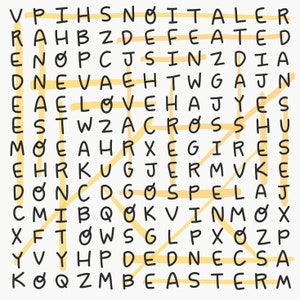 Peut inclure: Un jeu de mots fl&eacute;ch&eacute;s en noir et blanc avec les mots "ITALER", "DEFEATED", "TWGAJN", "LOVE", "ACROSS", "EGIRES", "SPELAJ", "VINMOX", "DEDNECSA" et "BEASTERM" cach&eacute;s dans la grille.