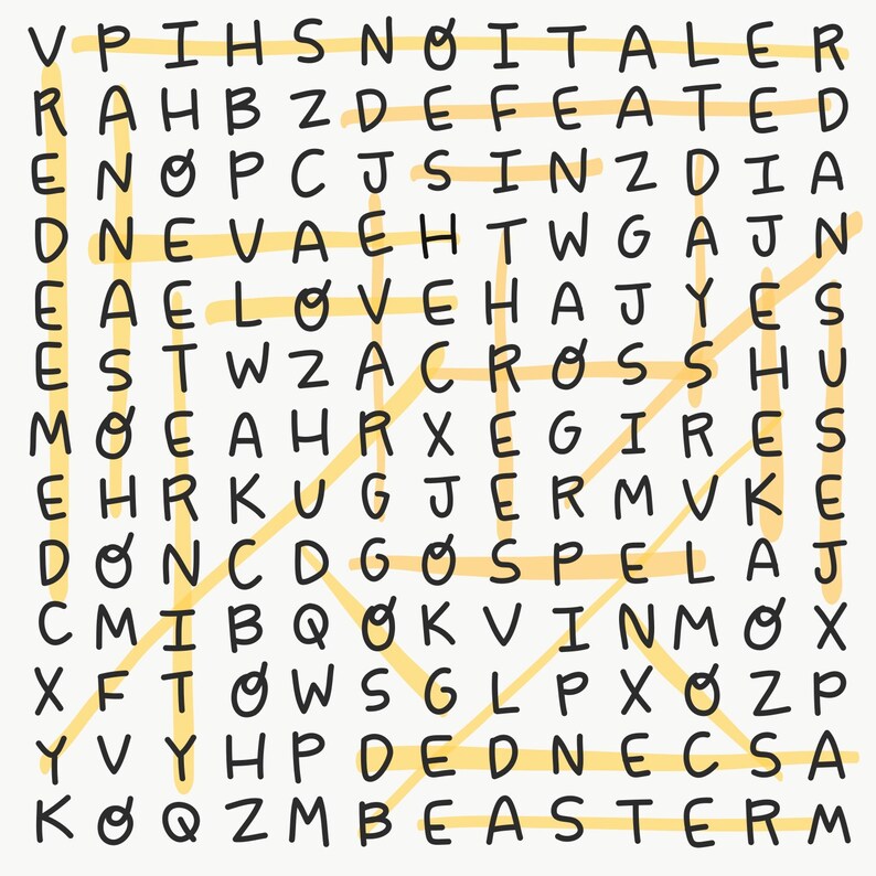 Peut inclure: Un jeu de mots fl&eacute;ch&eacute;s en noir et blanc avec les mots "ITALER", "DEFEATED", "TWGAJN", "LOVE", "ACROSS", "EGIRES", "SPELAJ", "VINMOX", "DEDNECSA" et "BEASTERM" cach&eacute;s dans la grille.