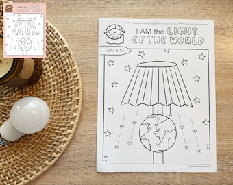 May include: Black and white coloring page featuring a lamp with a shade over a globe. The text "I AM the LIGHT OF THE WORLD" and "John 8:12" are included.