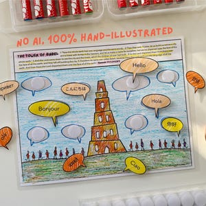 May include: A Tower of Babel educational activity sheet with hand-drawn illustrations, featuring a central tower, small figures, and multiple speech bubbles with various greetings. The text NO AI, 100% HAND-ILLUSTRATED is printed at the top.