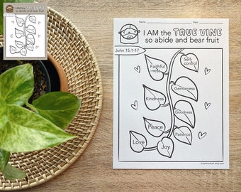 I AM the True Vine, Bible Verse Coloring Sheet Printable, Sunday School, All About Jesus, Kids Memory Verse Game, Jesus, Fruit of the Spirit