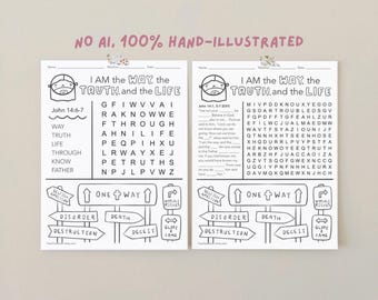 Puede incluir: Dos hojas de actividades imprimibles en blanco y negro con el texto I AM THE WAY, the TRUTH, and the LIFE. Cada hoja incluye una sopa de letras, un dibujo lineal de un rostro y varias señales de tráfico con palabras como ONE WAY.